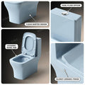 Western toilet single piece with soft close seat, oval ceramic commode in glossy light blue rear angle
