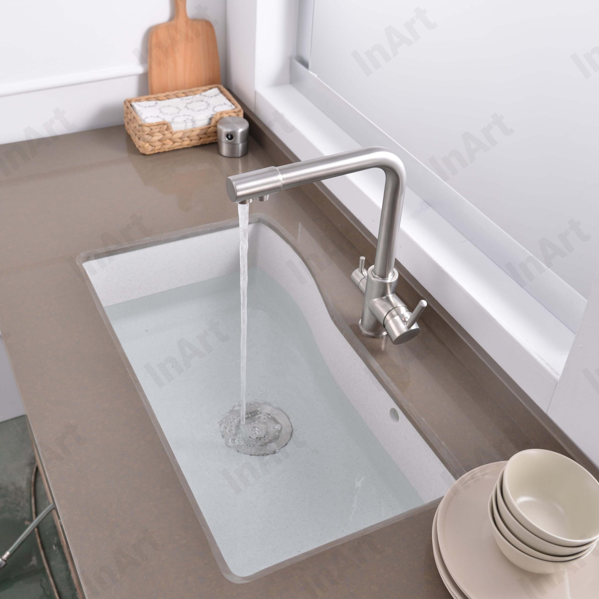 InArt brass kitchen sink faucet with 3-way water filter outlet, dual lever controls close-up detail