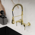 Wall mounted kitchen sink mixer tap in brushed gold brass, 360° swivel pull-out sprayer for Indian kitchen sink use