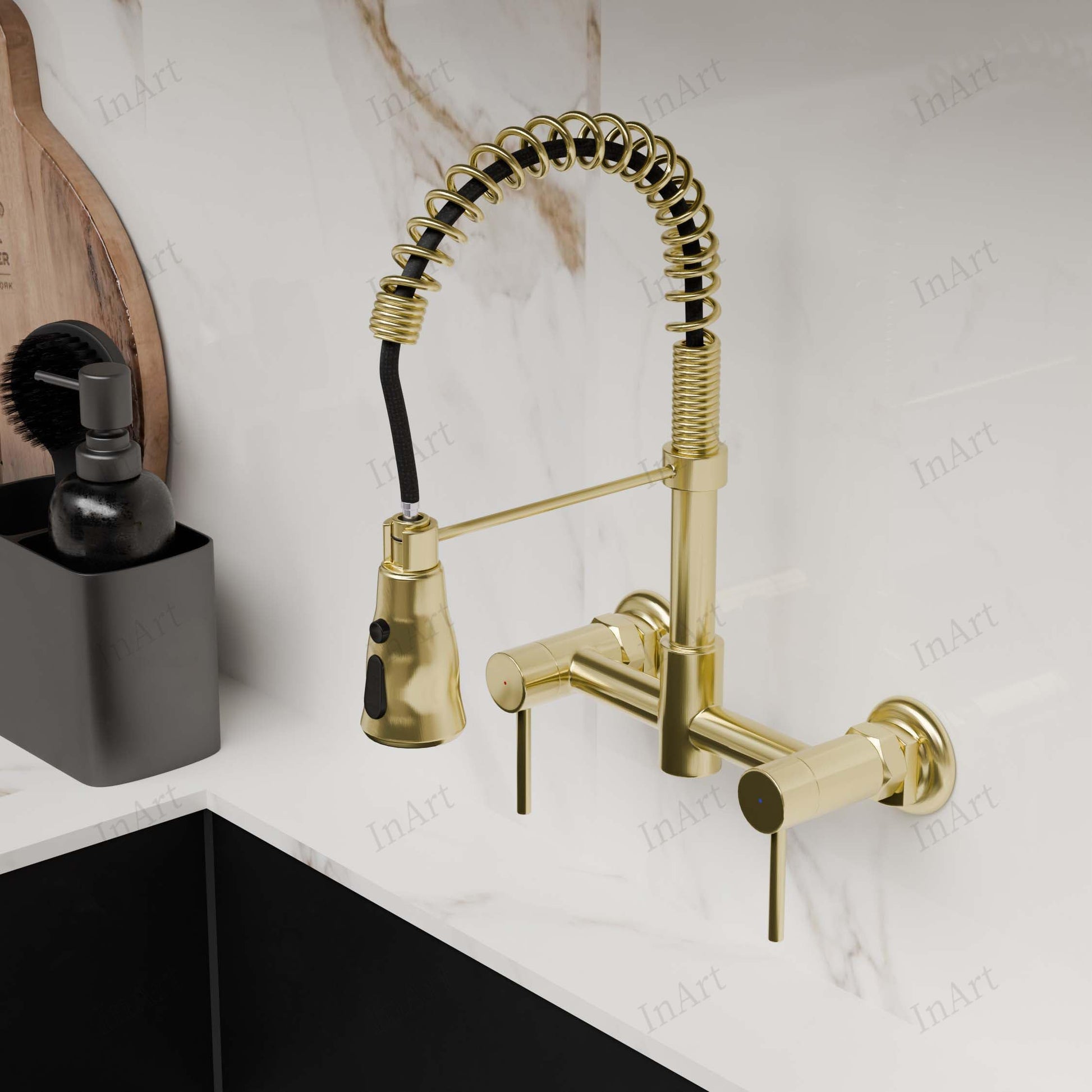 Wall mounted kitchen sink mixer tap in brushed gold brass, 360° swivel pull-out sprayer for Indian kitchen sink use