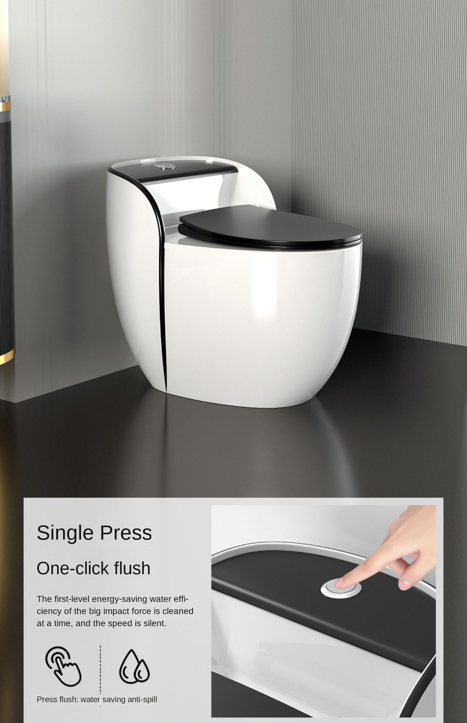 Syphonic washdown western toilet in a modern bathroom setting, oval one-piece ceramic commode with soft close