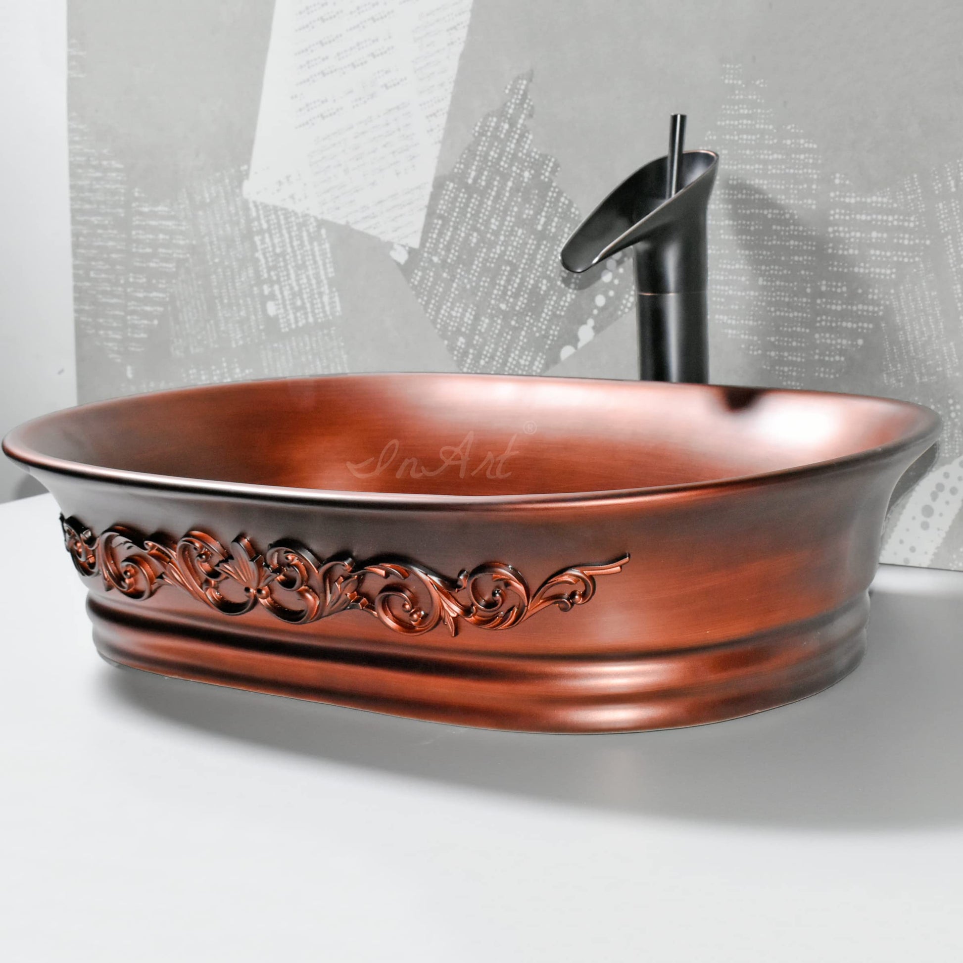 Modern dining hall wash basin table design idea with matt copper ceramic table top basin, rectangular 50x37 cm