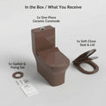 InArt one piece water closet close-up of rim and bowl, easy-clean ceramic finish in brown colour
