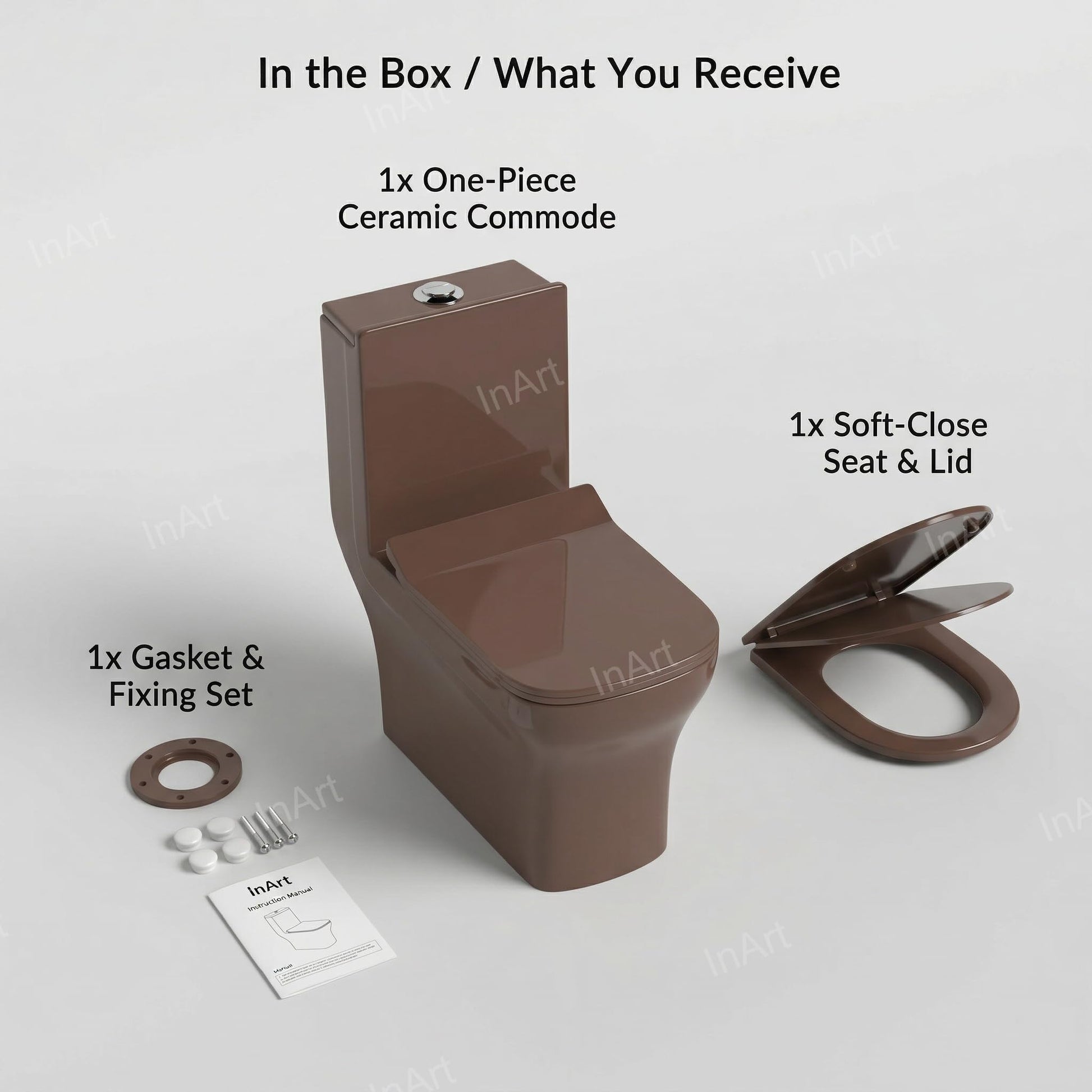 InArt one piece water closet close-up of rim and bowl, easy-clean ceramic finish in brown colour