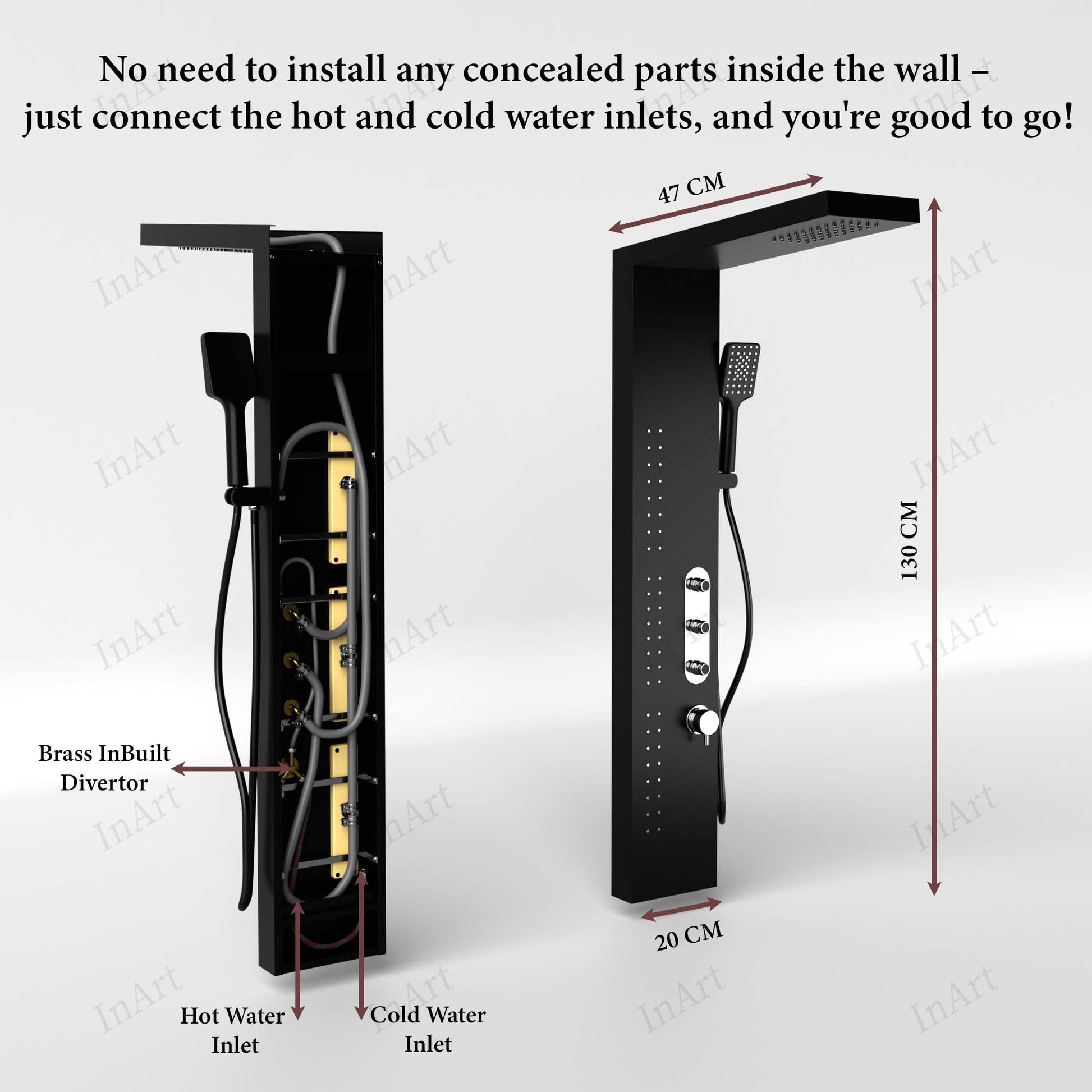 Modern bathroom shower panel tower system, angled view of rainfall head, body massage jets and control knobs