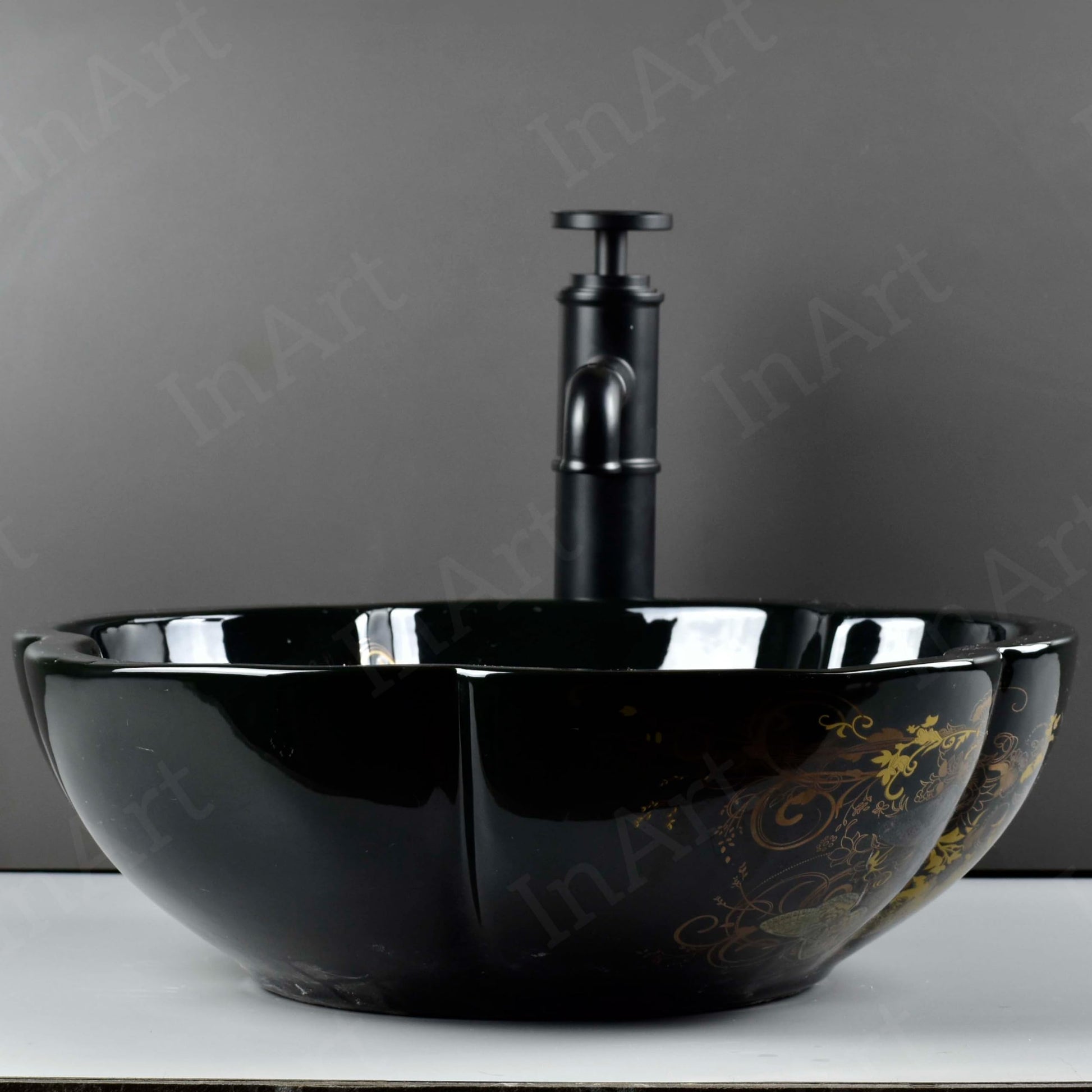 InArt ceramic designer table top wash basin, glossy white oval basin shown at side angle for modern bathroom