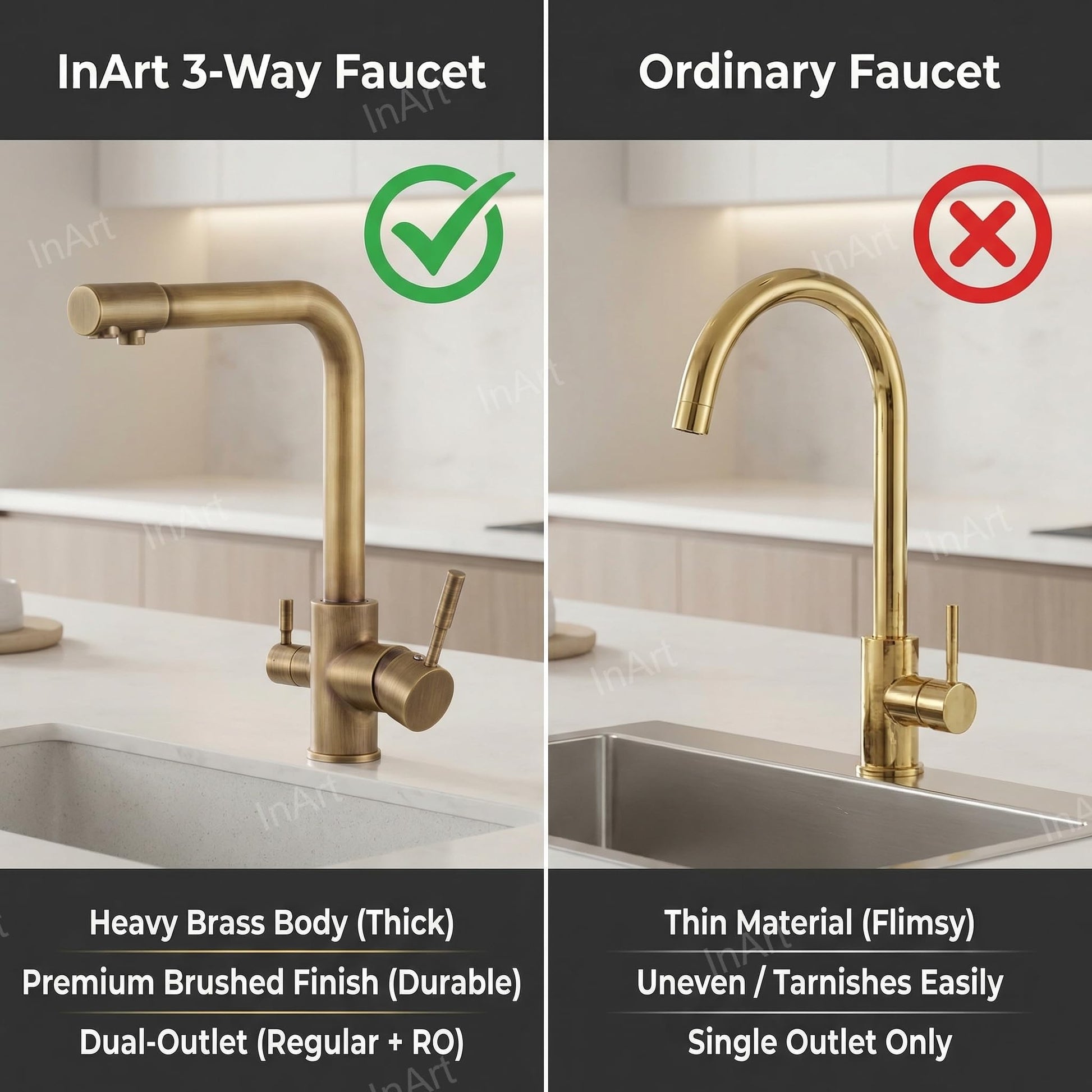 InArt sink faucet water purifier tap, 3-way connection for under sink water purifier, deck mounted antique brass