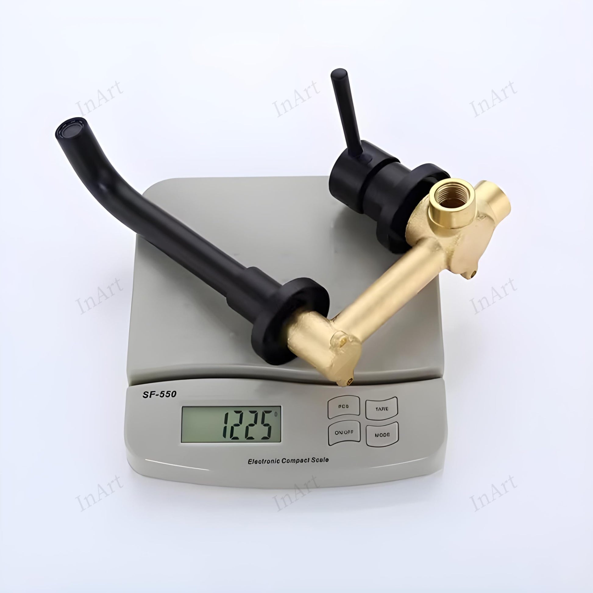 InArt mixer tap wall for hot and cold water, close-up of single lever handle and wall plate in black