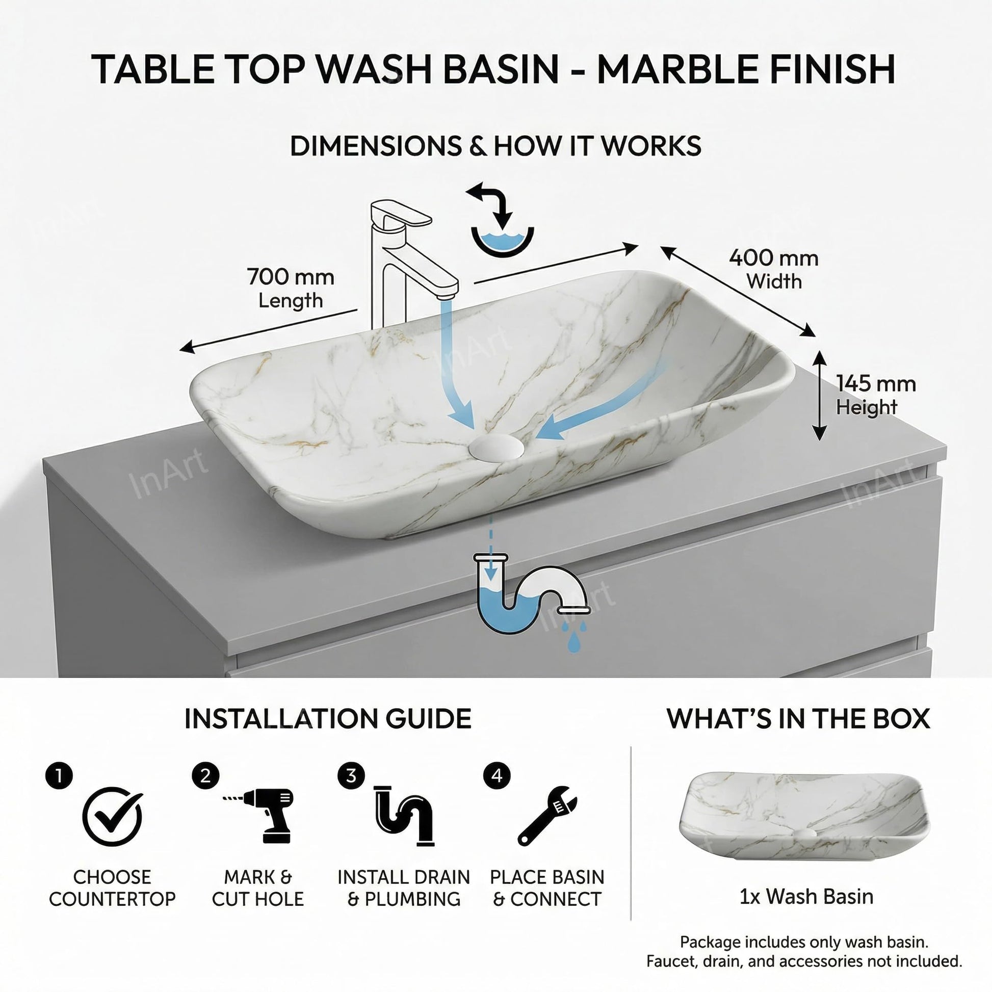 InArt table top basin on bathroom counter, modern wash basin on table look for Indian homes