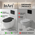 Wall mounted commode for bathroom interior, sleek black and white ceramic water closet with floating look