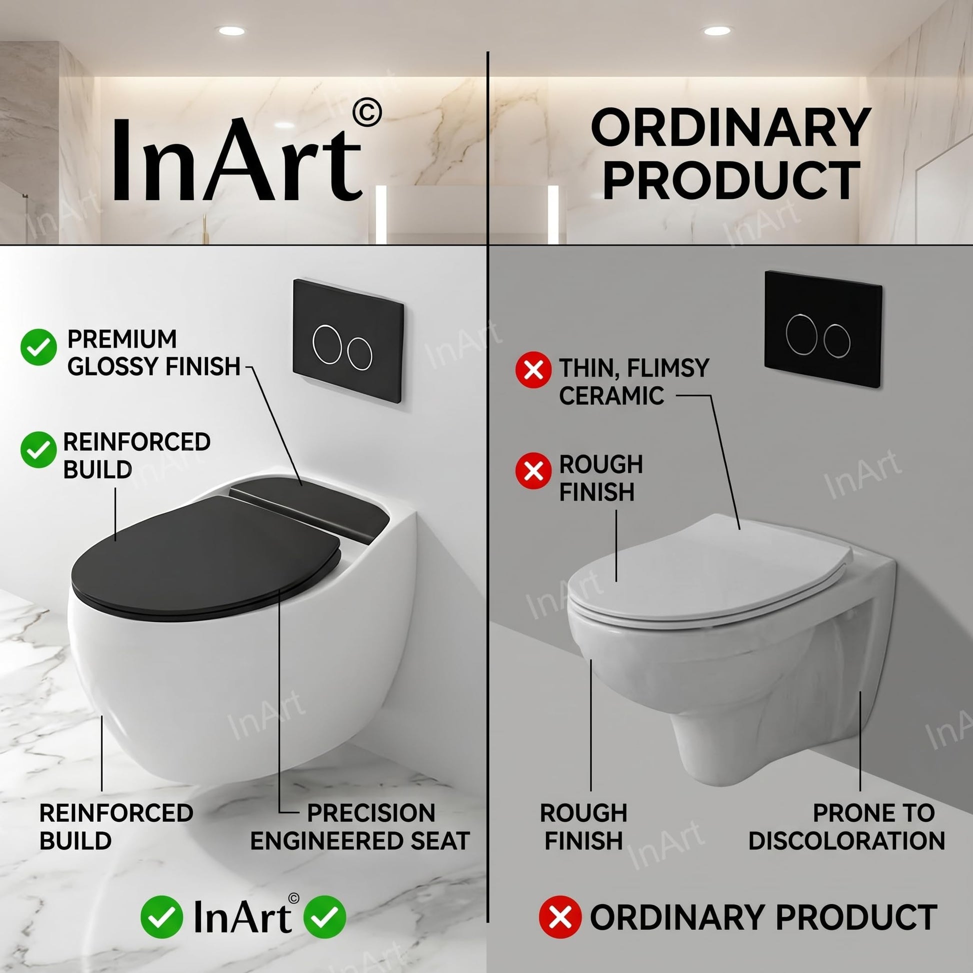 Wall mounted commode for bathroom interior, sleek black and white ceramic water closet with floating look