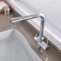 Swan neck tap for kitchen sink in chrome finish, side angle showing 360 degree swivel gooseneck spout
