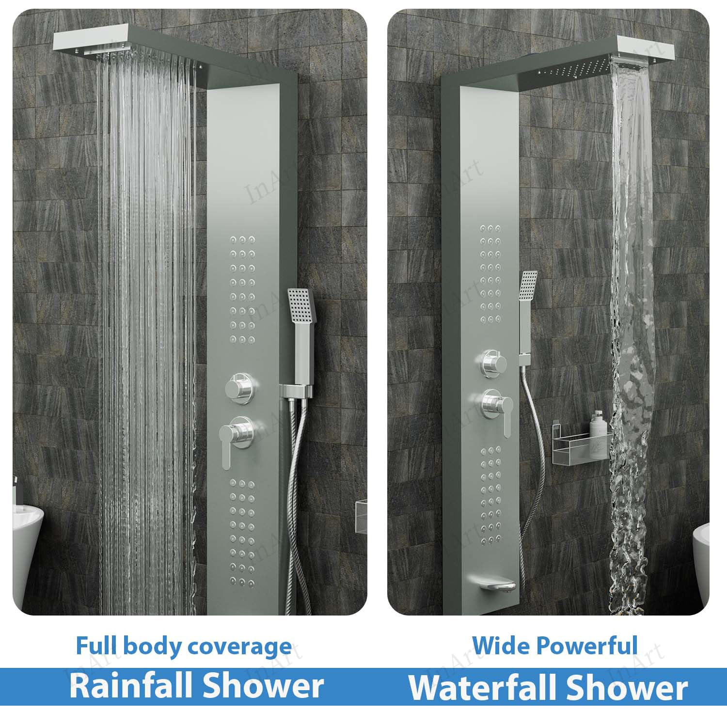 Multi function bathroom shower panel tower system with rainfall, waterfall and body jets, brushed nickel close-up