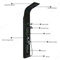 Matte black shower tower panel, left angle view with rainfall shower head, waterfall spout and body jets