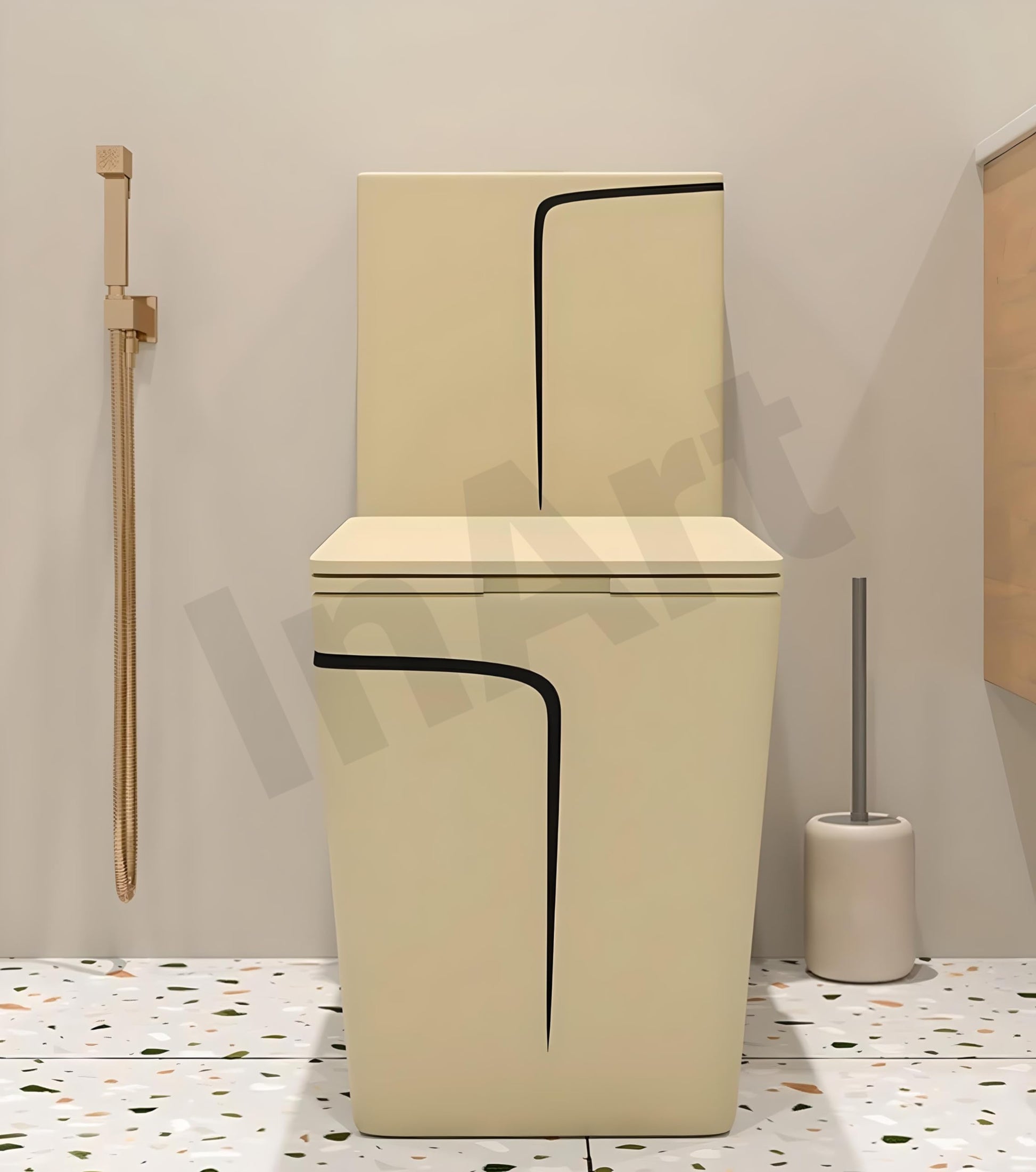 InArt ceramic floor mounted western toilet with soft close hydraulic seat, khaki matte finish, top view