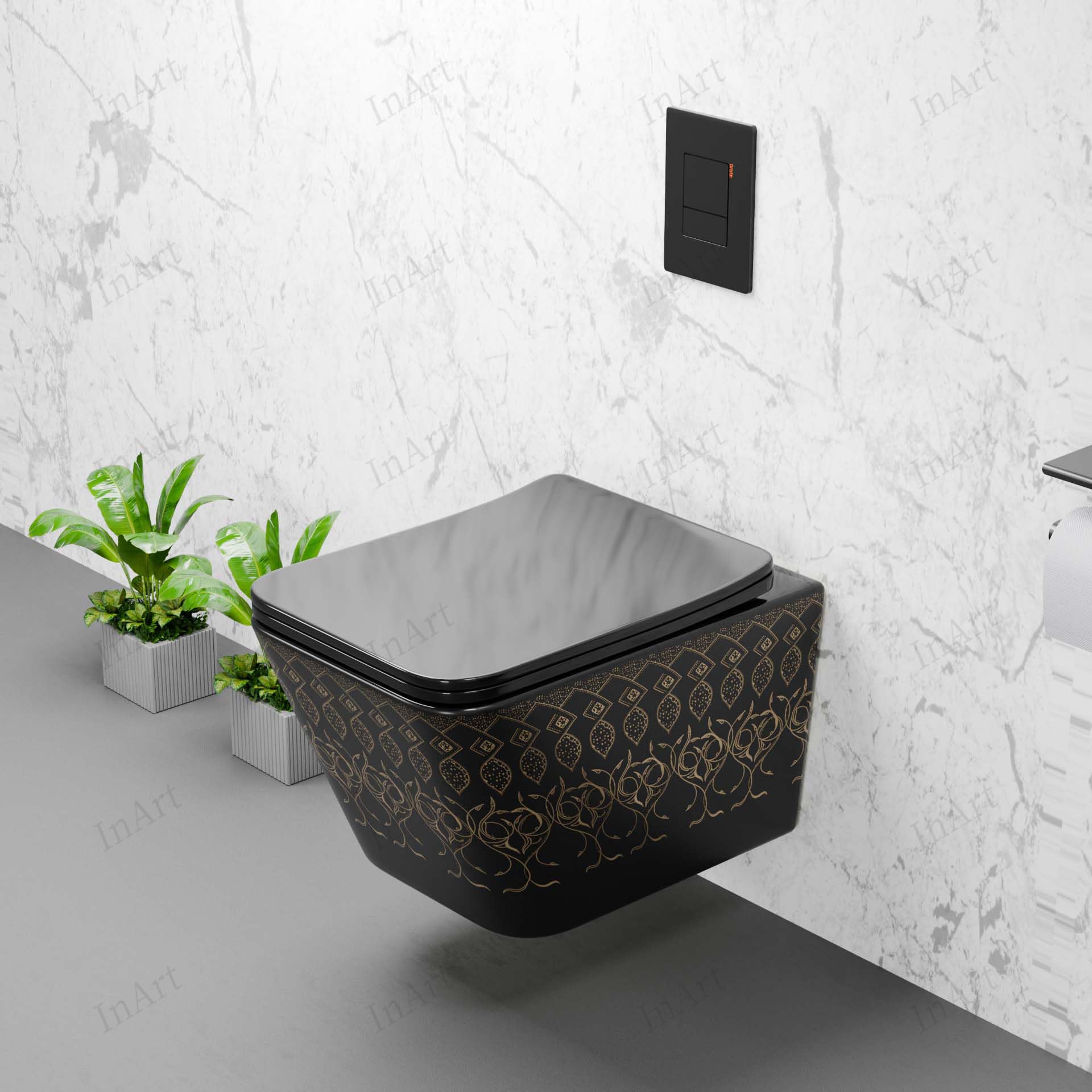 Wall mount commode for compact washroom, black oval ceramic wall hung toilet with easy-clean rimless bowl