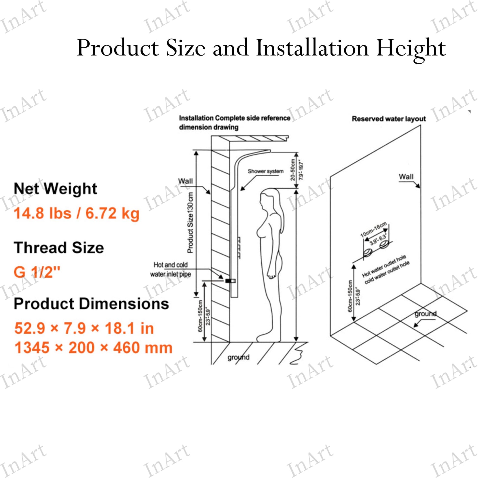 InArt modern bathroom shower panel, side angle view with hand shower holder, massage jets and water spout