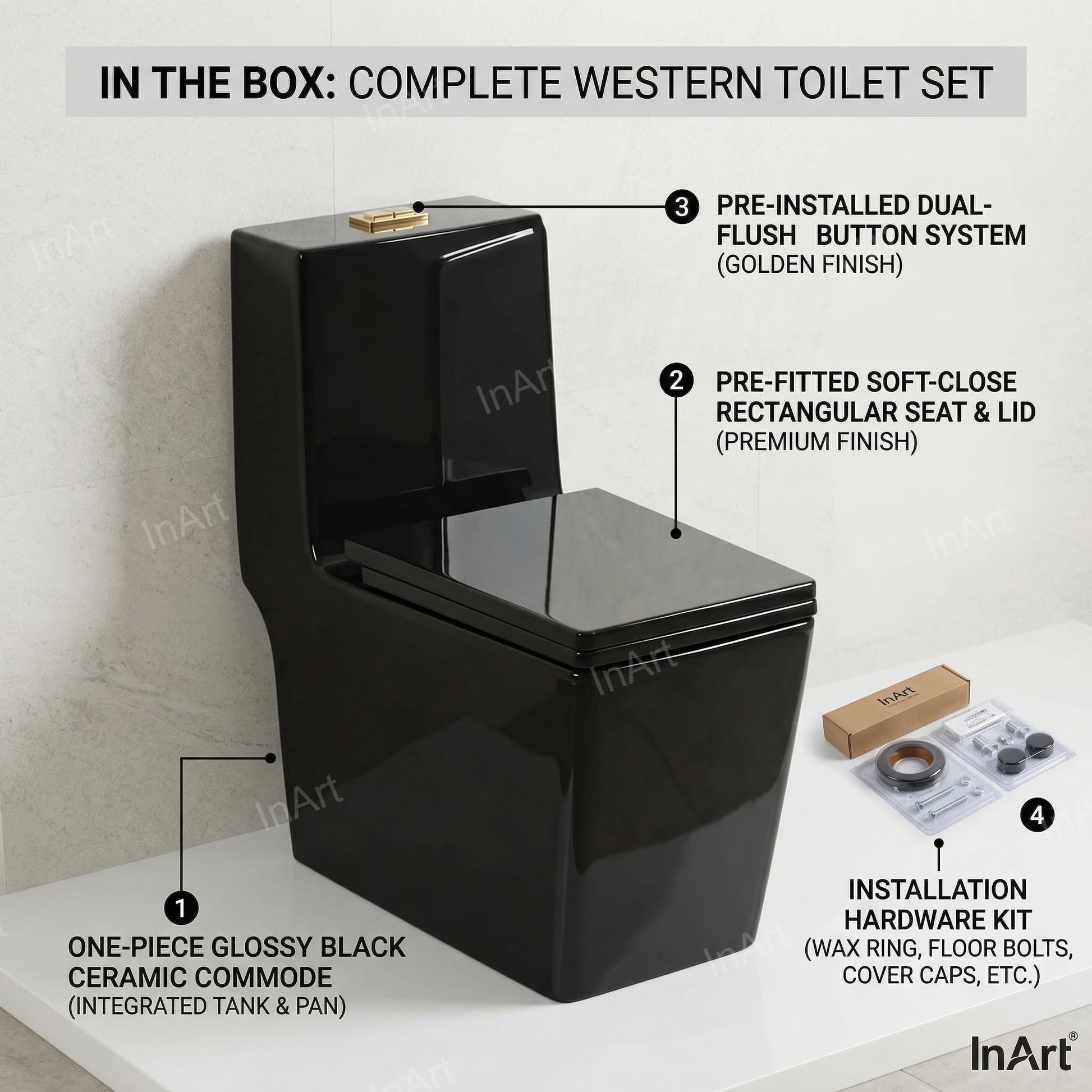 Single piece commode price comparison look: InArt glossy black ceramic one piece closet for Indian bathrooms