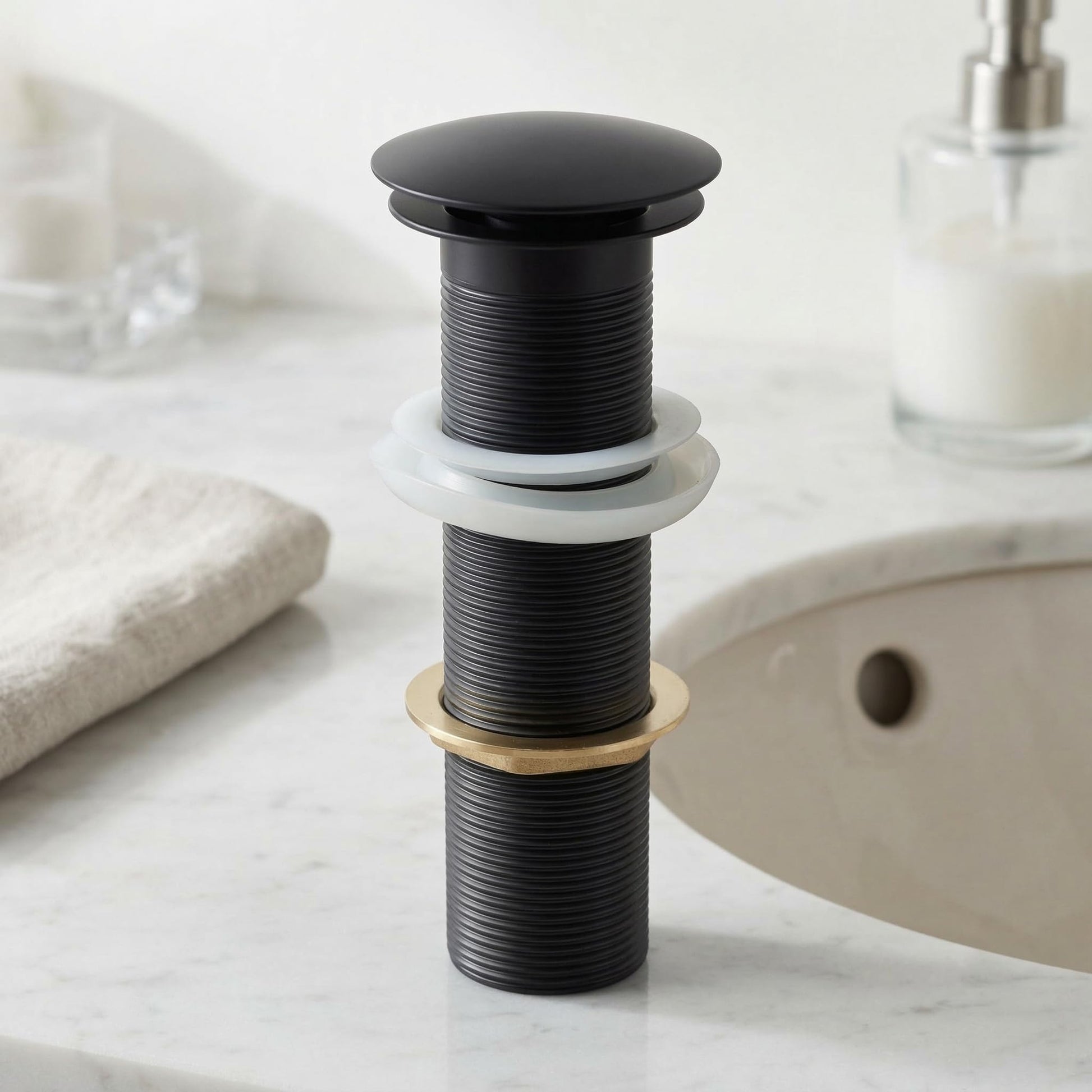 InArt wash basin pop up in matte black brass, round 32mm full threaded waste coupling for table top basins