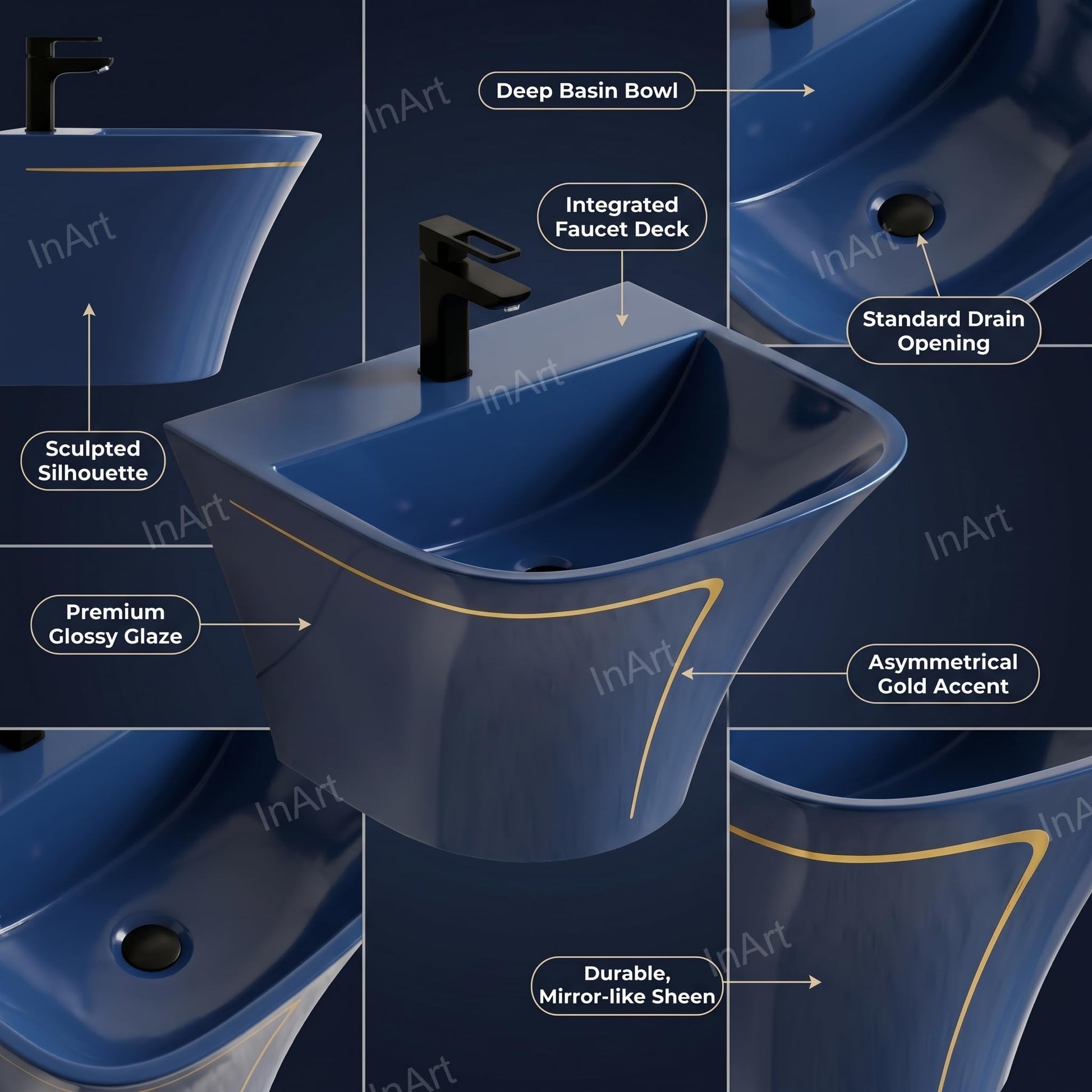 InArt designer wall mounted washbasin in rectangular shape, slim rim blue finish, side angle view