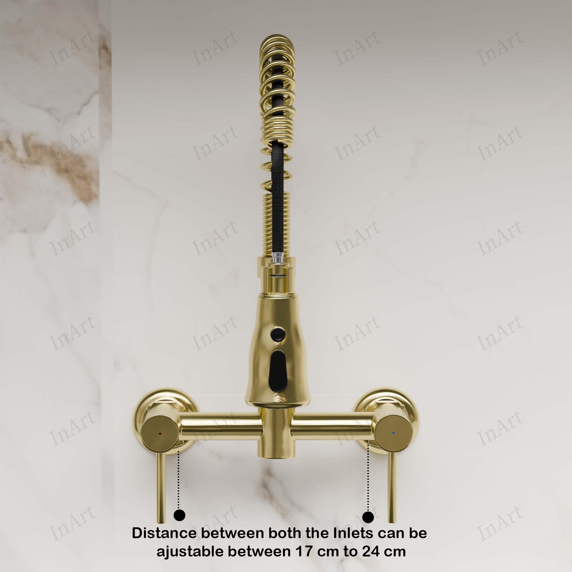 Wall mounted kitchen mixer tap in brushed gold, side angle showing 360° swivel spout and pull out spray head