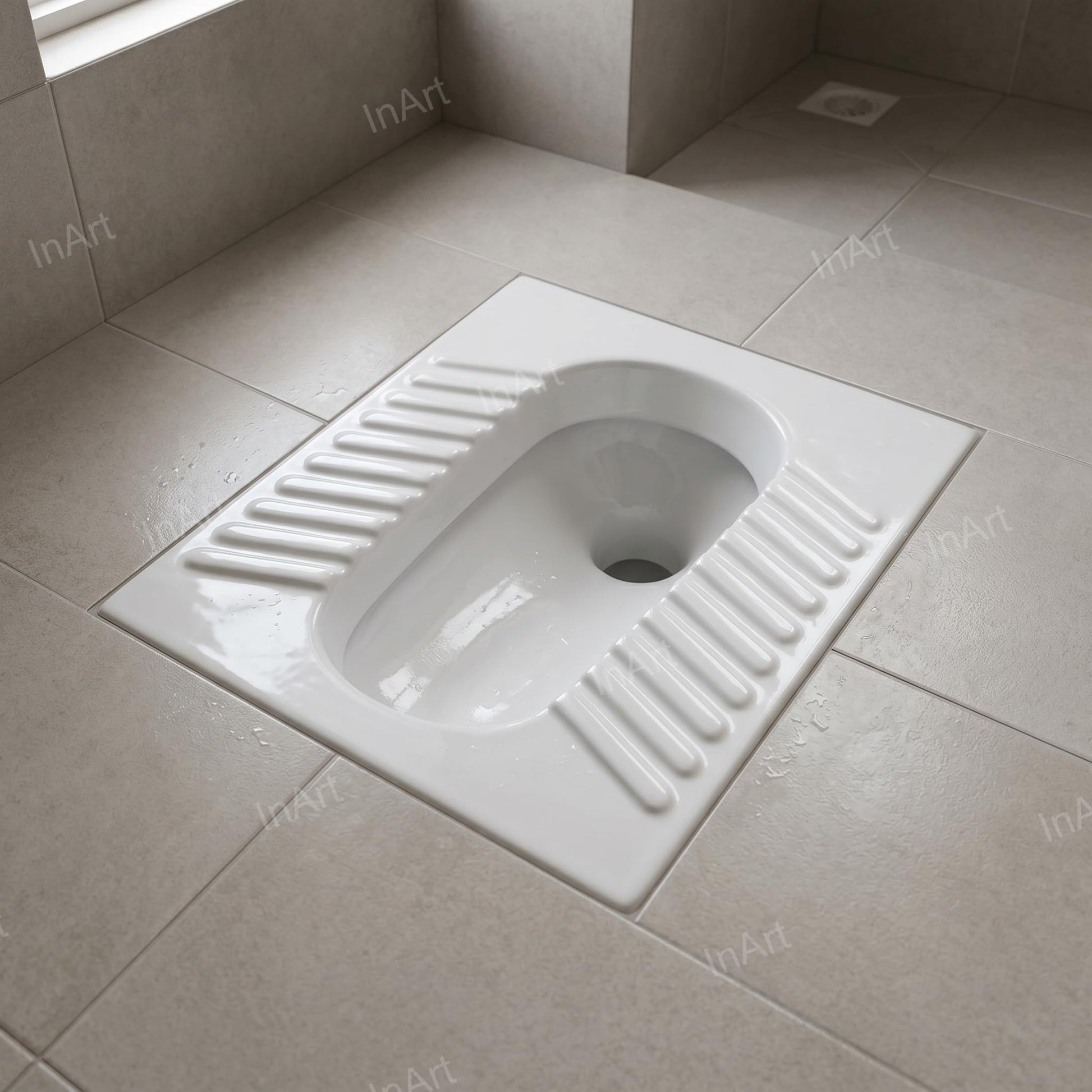 InArt indian toilet pan for bathroom, glossy white ceramic sanitaryware with anti-slip foot area