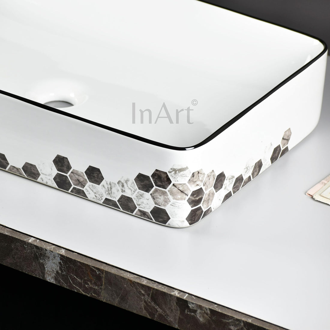 InArt wash basin cabinet ceramic rectangular table top wash basin, black white two-tone, front view