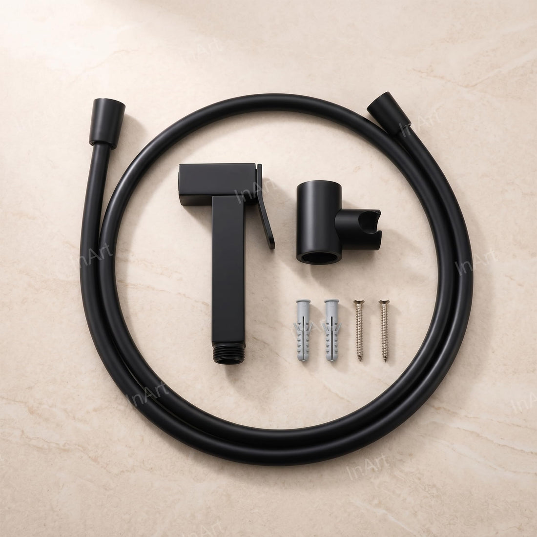 InArt brass health faucet for toilet in matte black finish, jet spray with hose and holder main view