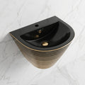 Black and gold wash basin, designer ceramic wall mounted small sink, front right angle view