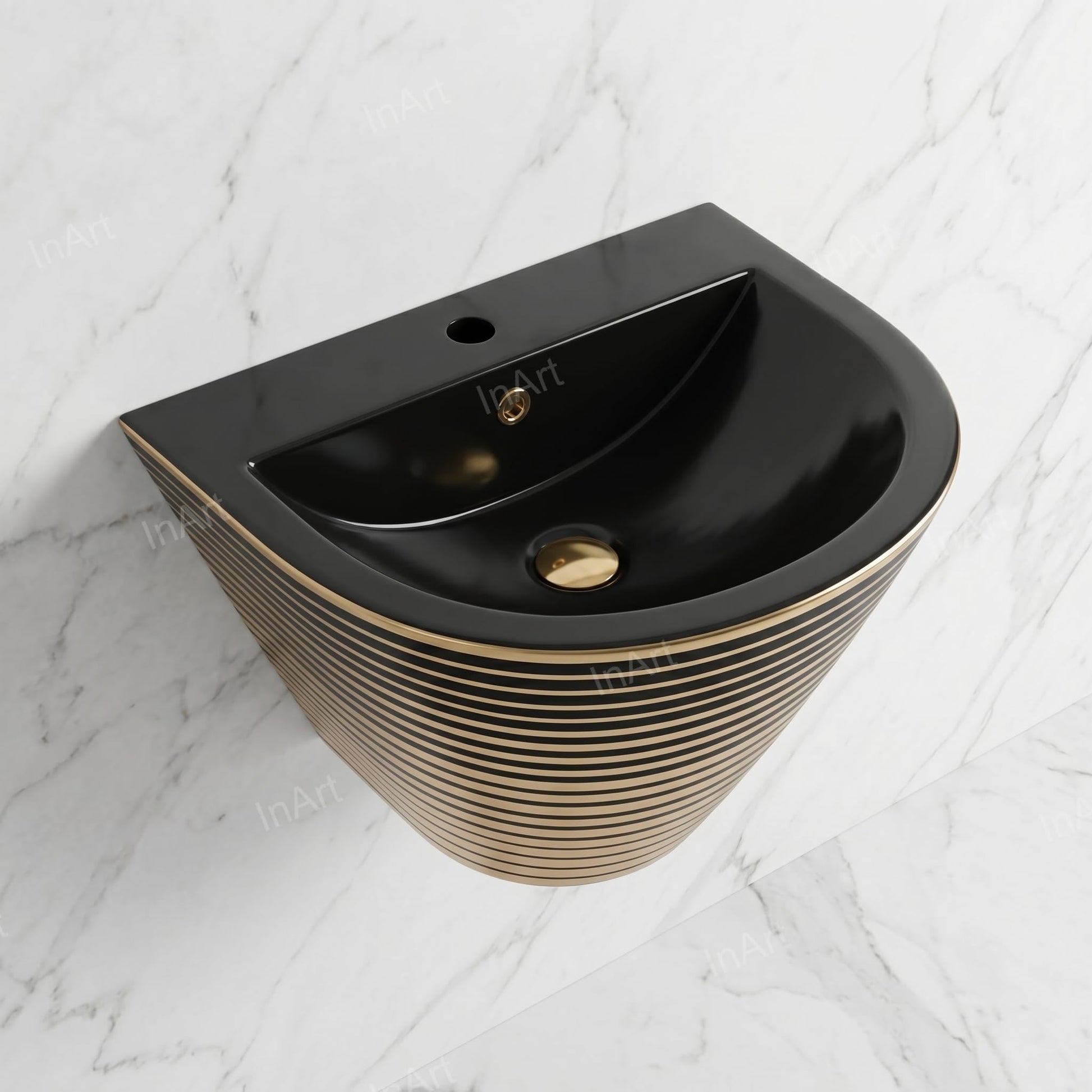 Black and gold wash basin, designer ceramic wall mounted small sink, front right angle view