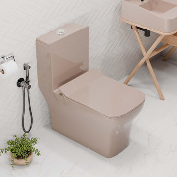 Cera single piece commode by InArt in pink ceramic, rectangular one piece western toilet, front view