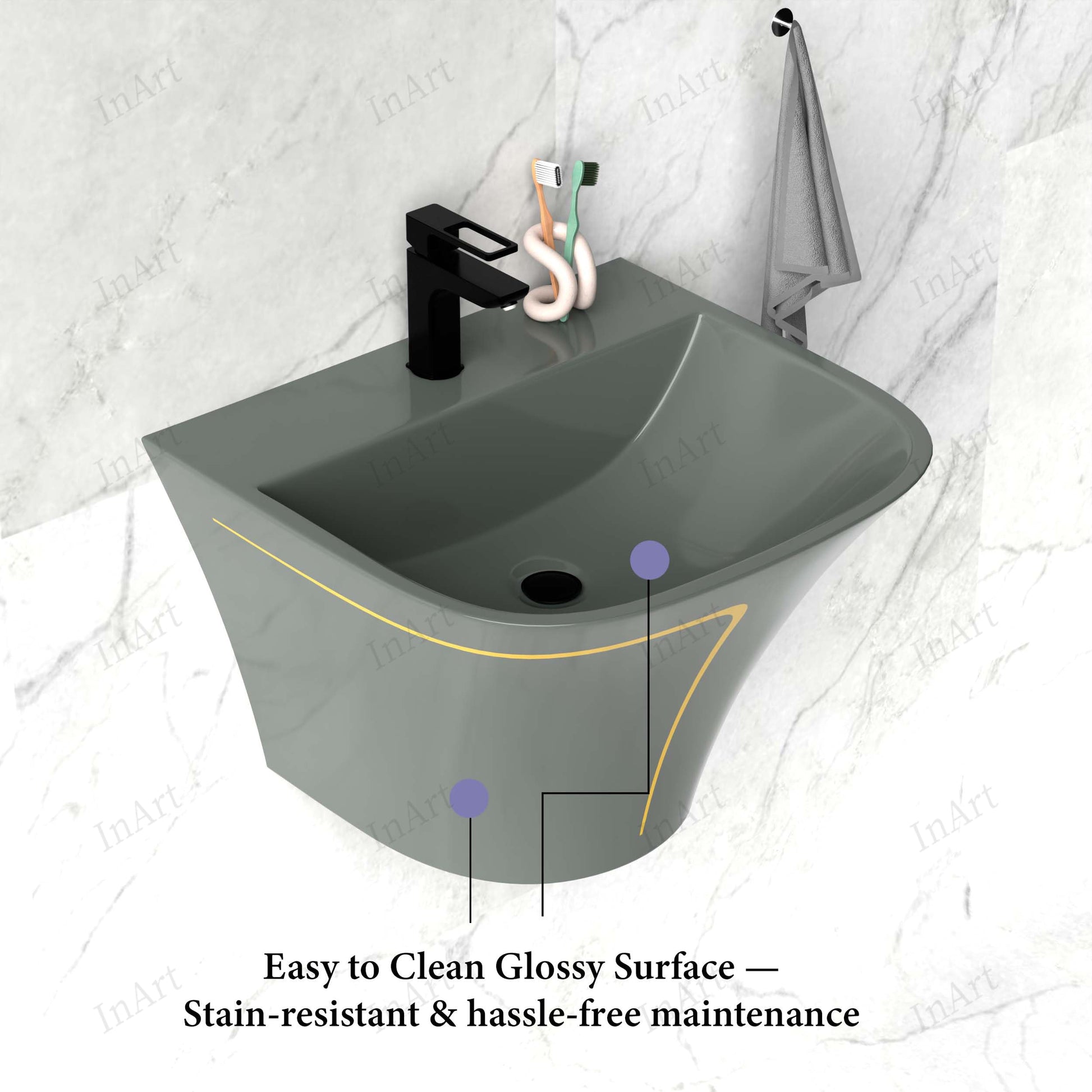 InArt wall hanging wash basin with half pedestal, rectangular grey glossy ceramic for modern bathroom