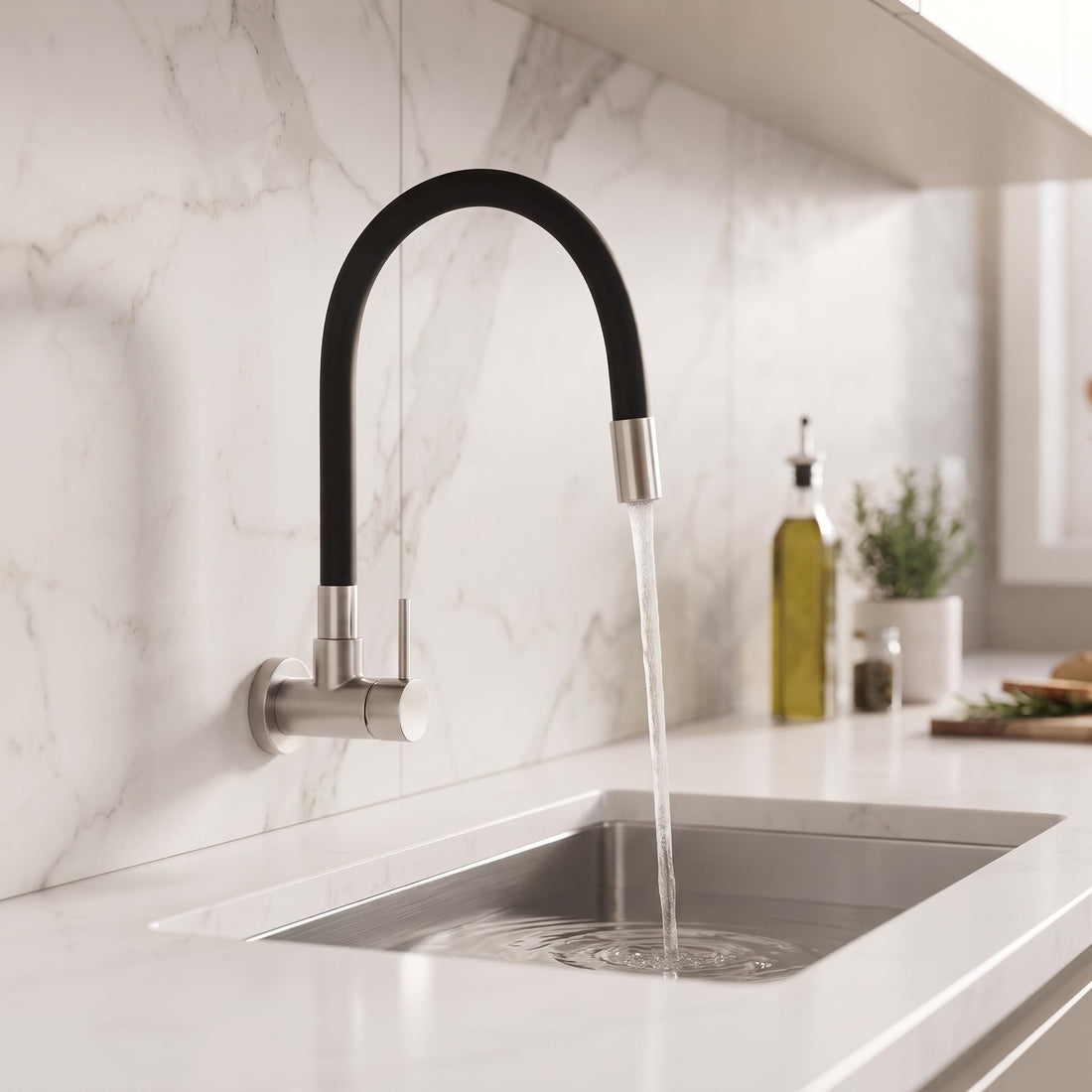 Wall mounted kitchen tap with brushed steel body and matte black flexible swing spout