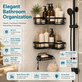 Two-tier bathroom corner shelf in black powder-coated metal for shampoo bottles
