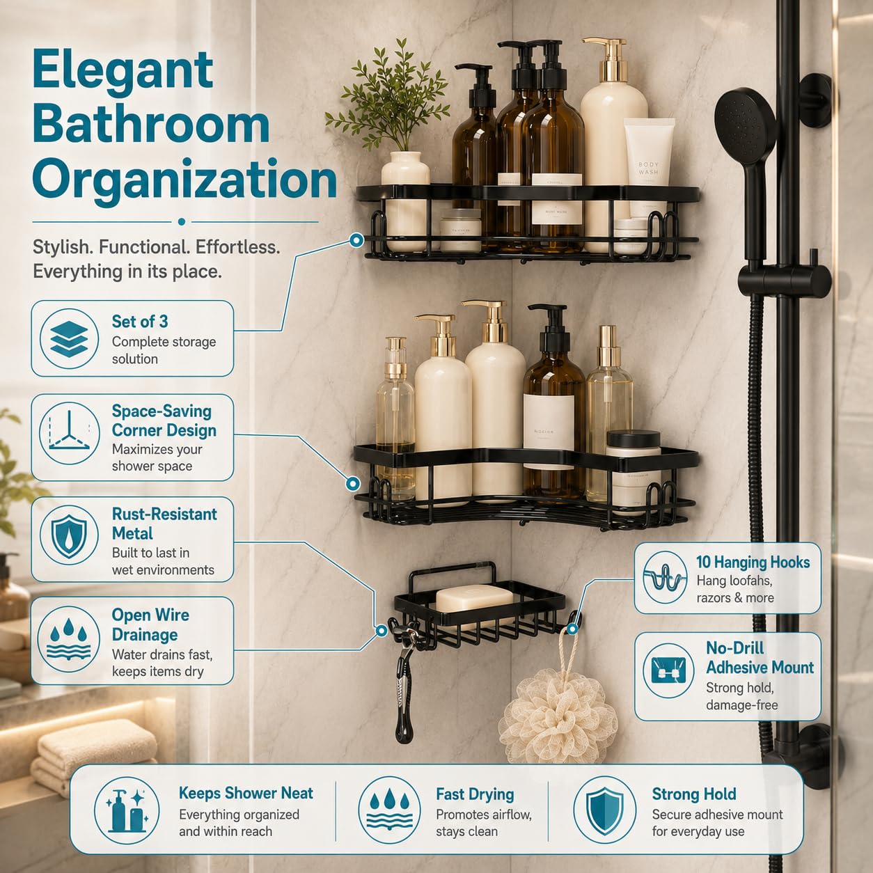 Two-tier bathroom corner shelf in black powder-coated metal for shampoo bottles