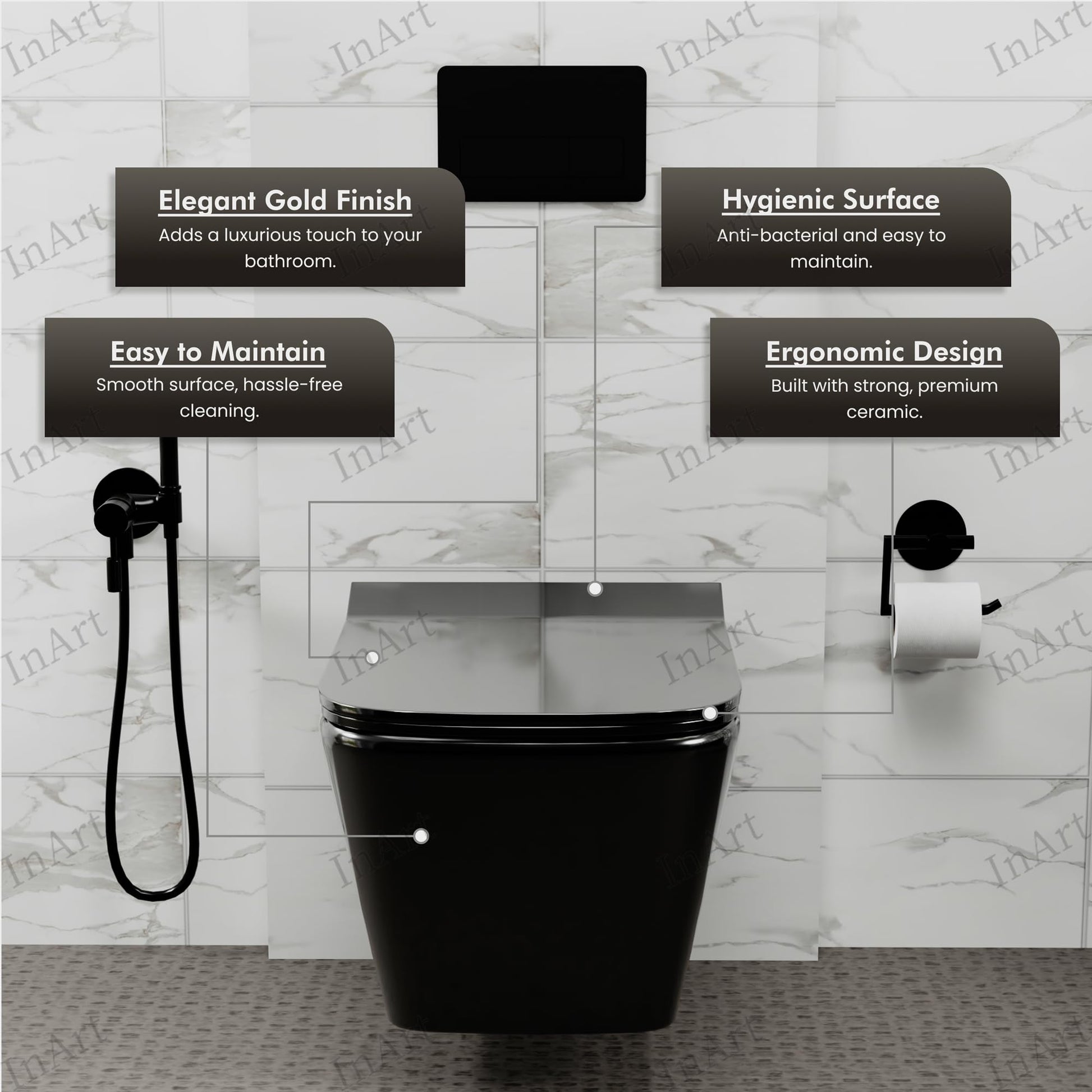 InArt wall hung rimless western toilet commode with P trap outlet from wall, black glossy ceramic finish