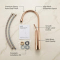 Rose gold high neck tap for wash basin, single lever brass basin mixer tap angled side view