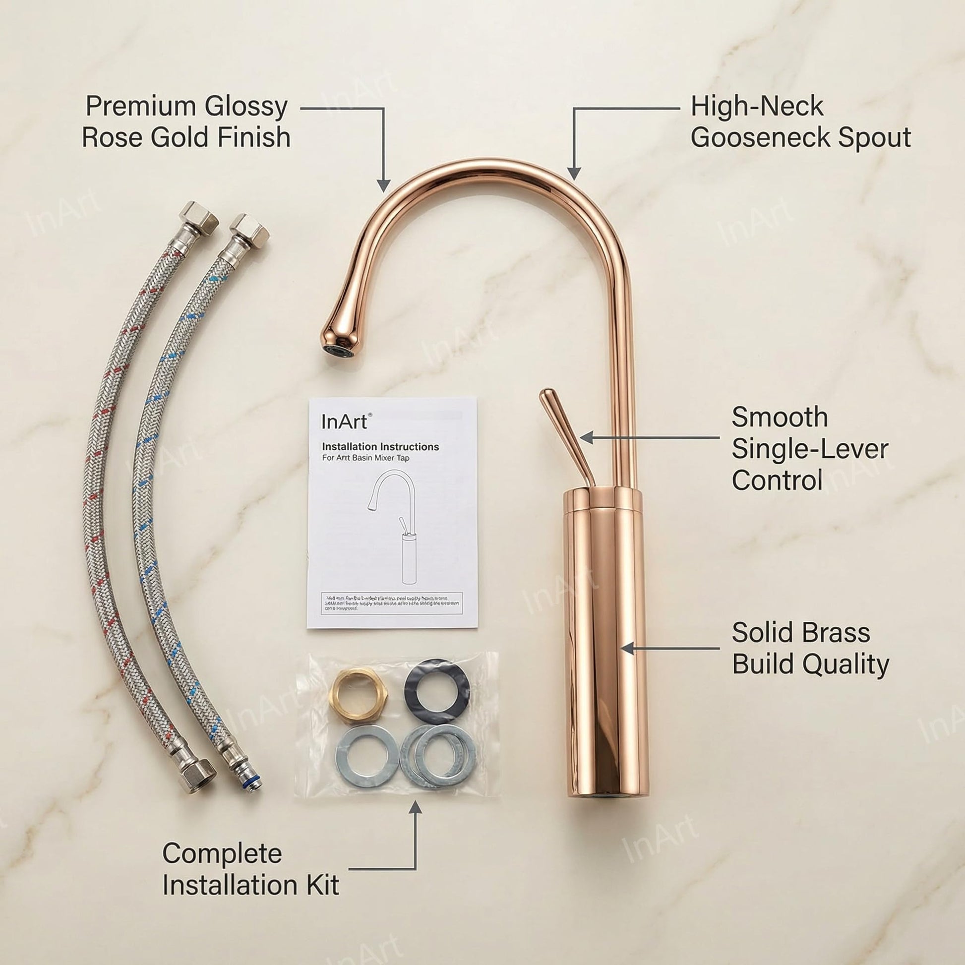 Rose gold high neck tap for wash basin, single lever brass basin mixer tap angled side view
