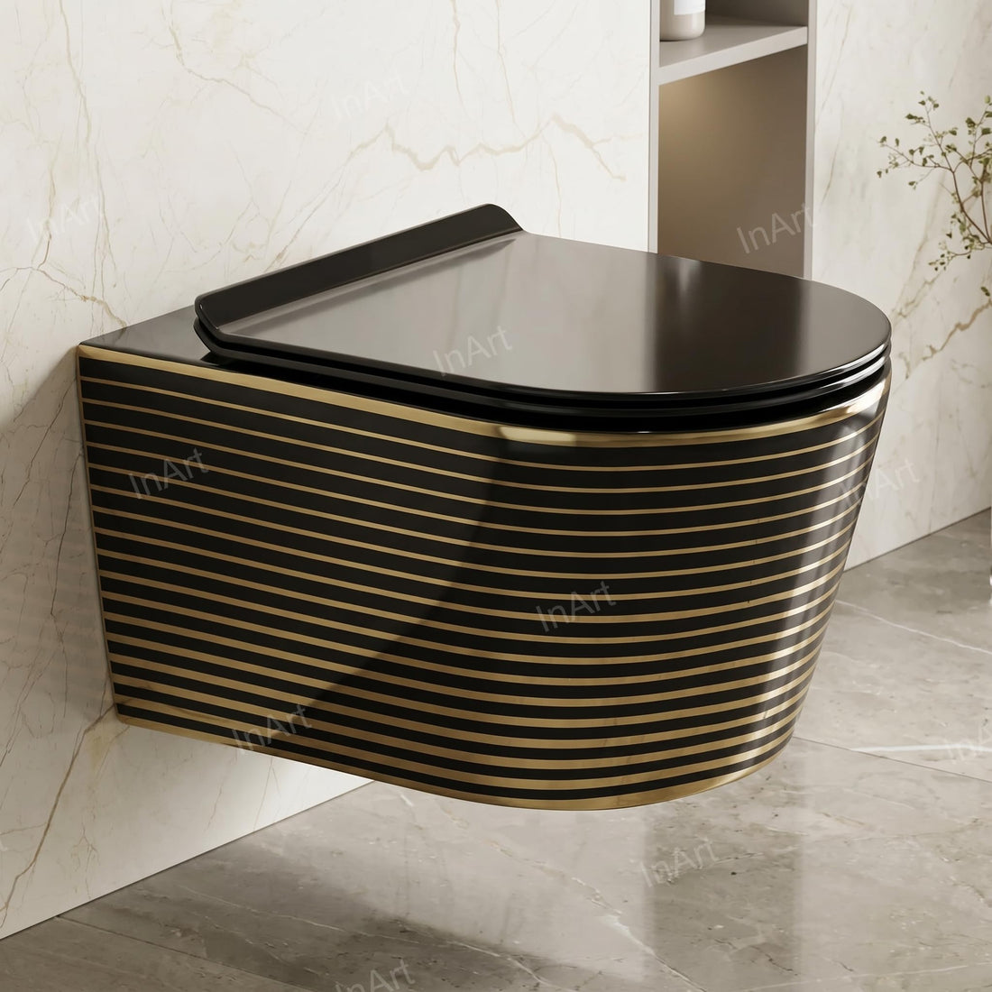 Hindware wall mounted commode style InArt ceramic oval rimless wall hung WC in black and gold, front view