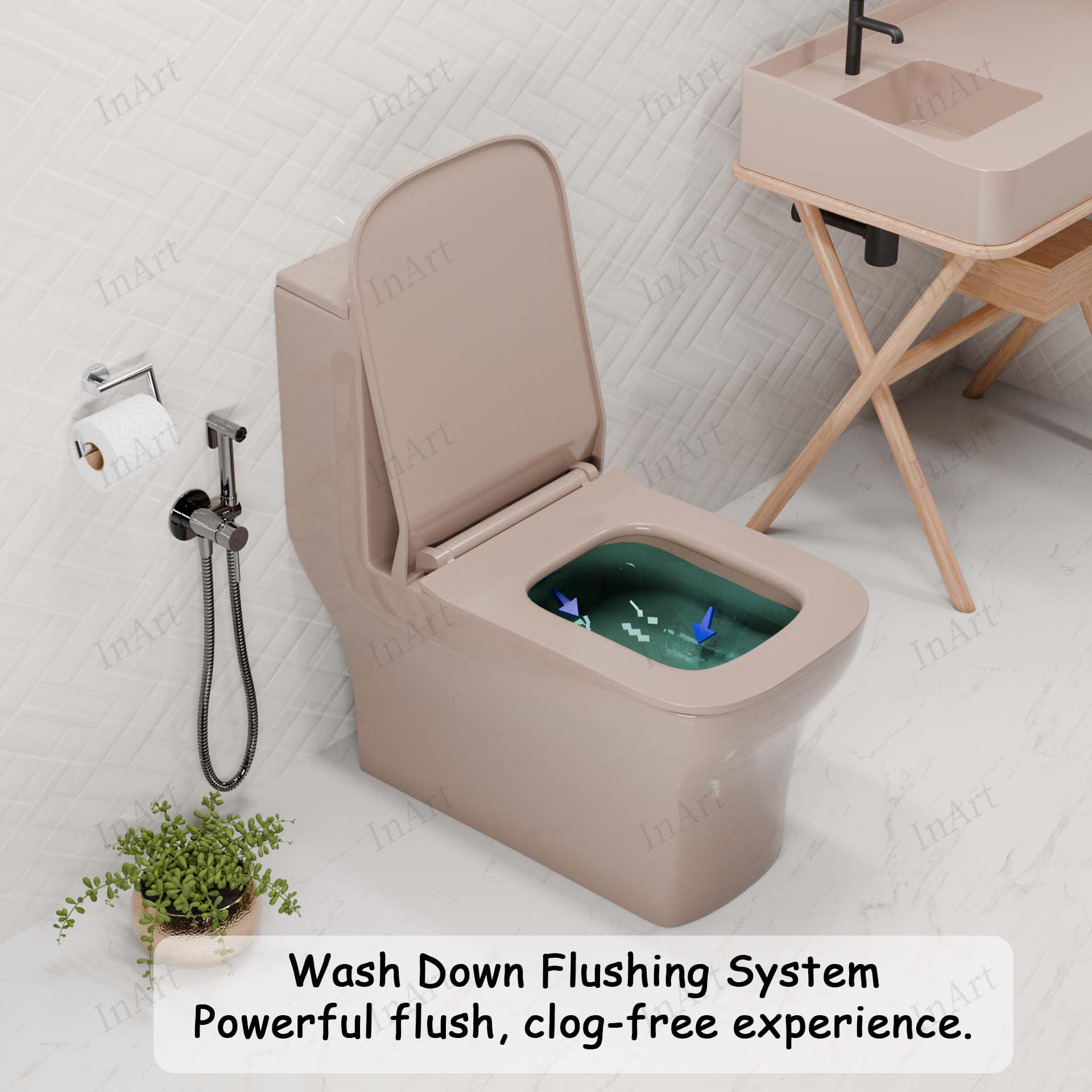 InArt pink one piece western commode, rectangular ceramic floor mounted toilet, 3/4 angle view