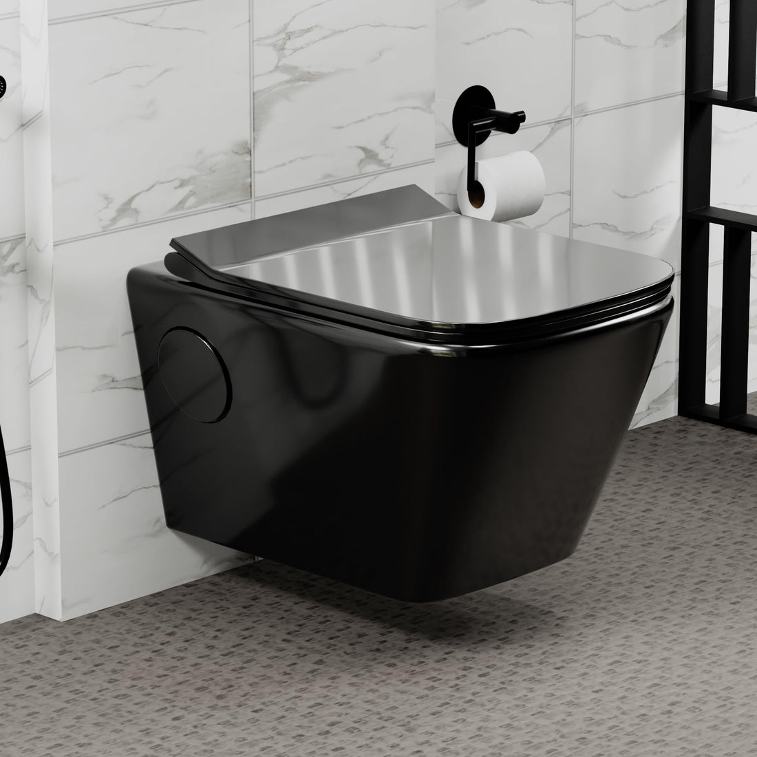 InArt wall mounted western toilet in black glossy ceramic, oval rimless wall hung commode with soft close seat