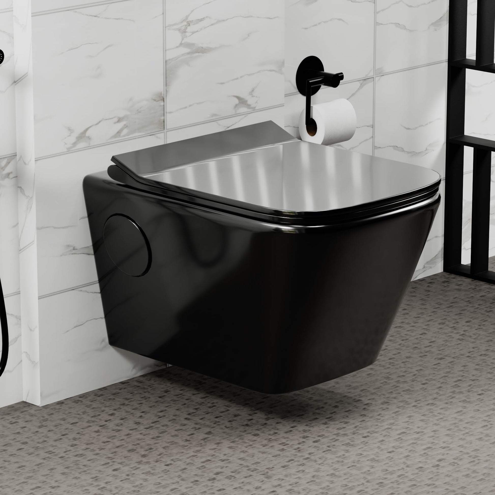 InArt wall mounted western toilet in black glossy ceramic, oval rimless wall hung commode with soft close seat