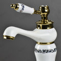 Waterfall basin tap deck mount with ceramic cartridge, white gold glossy finish, top view spout flow design