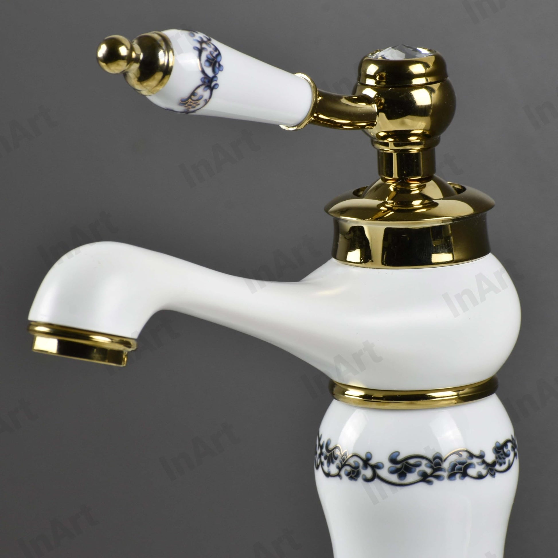 Waterfall basin tap deck mount with ceramic cartridge, white gold glossy finish, top view spout flow design
