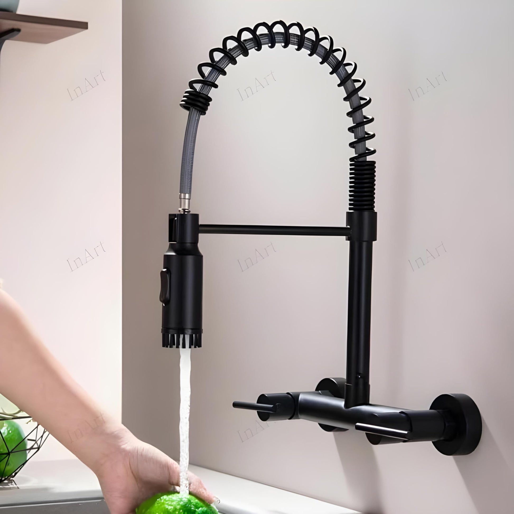 Wall mounted tap for kitchen sink with hot and cold mixer, matte black brass tapware close-up