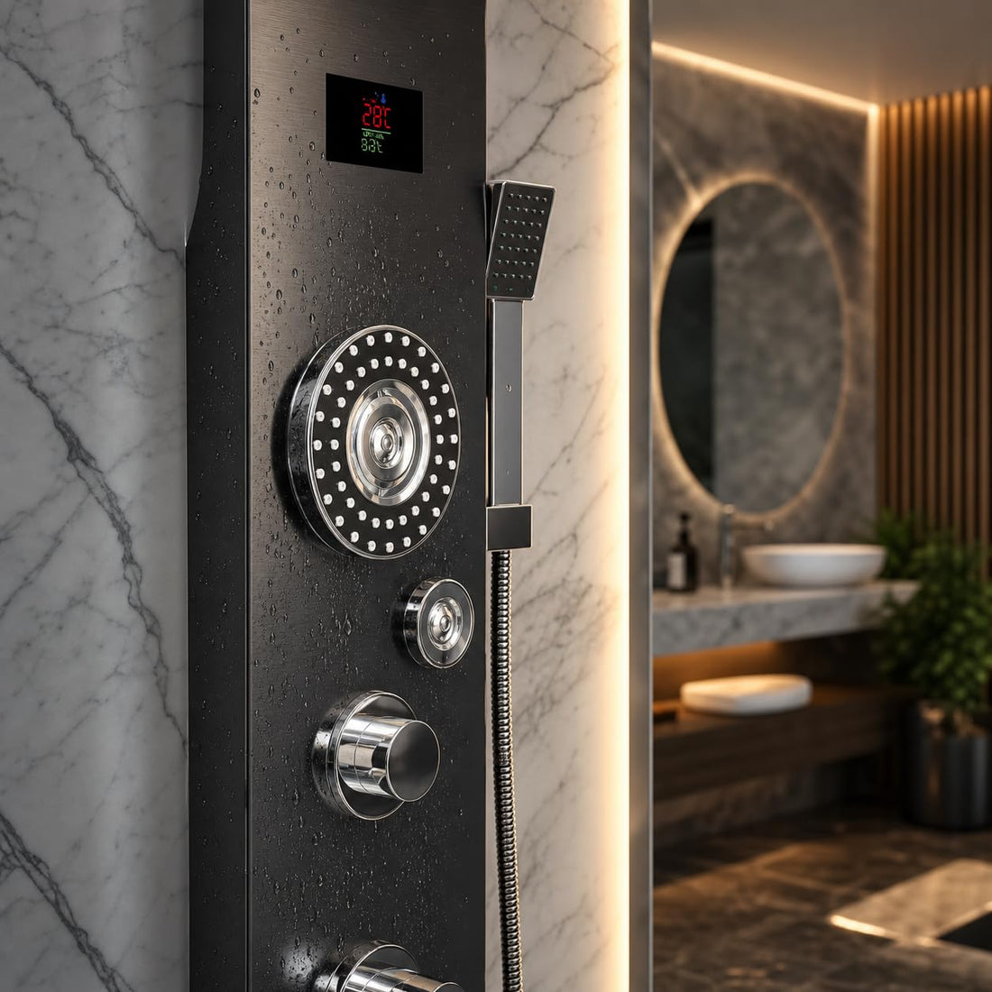 Blue ocean 52 aluminum spa392m style InArt 304 stainless steel rectangular shower panel in matte black, front view