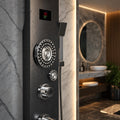 Matte black shower panel with mixer, angled view showing rainfall head and handshower on InArt tower system