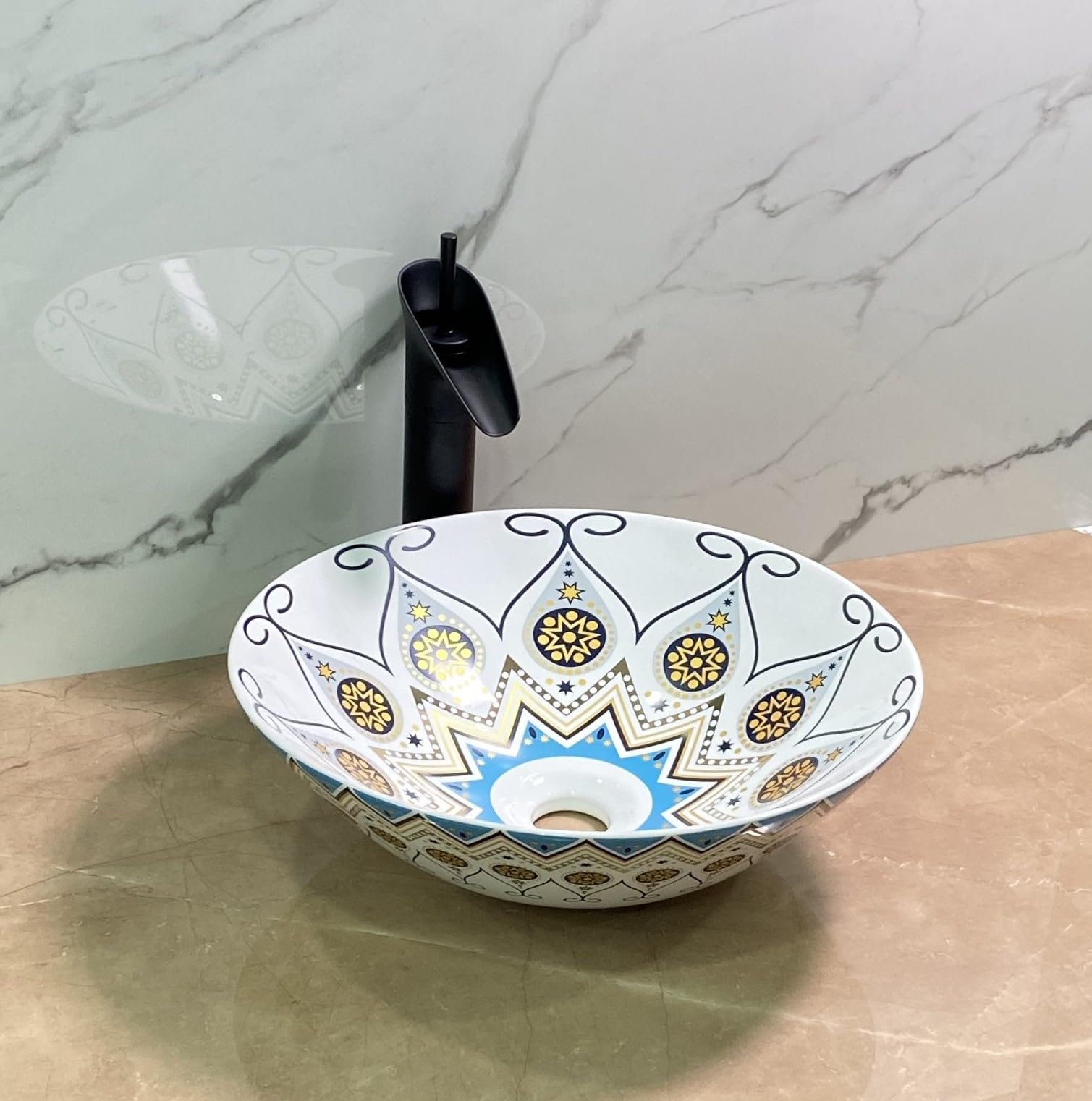 InArt ceramic wash basin table top, smooth rim and deep bowl detail in blue yellow glossy finish