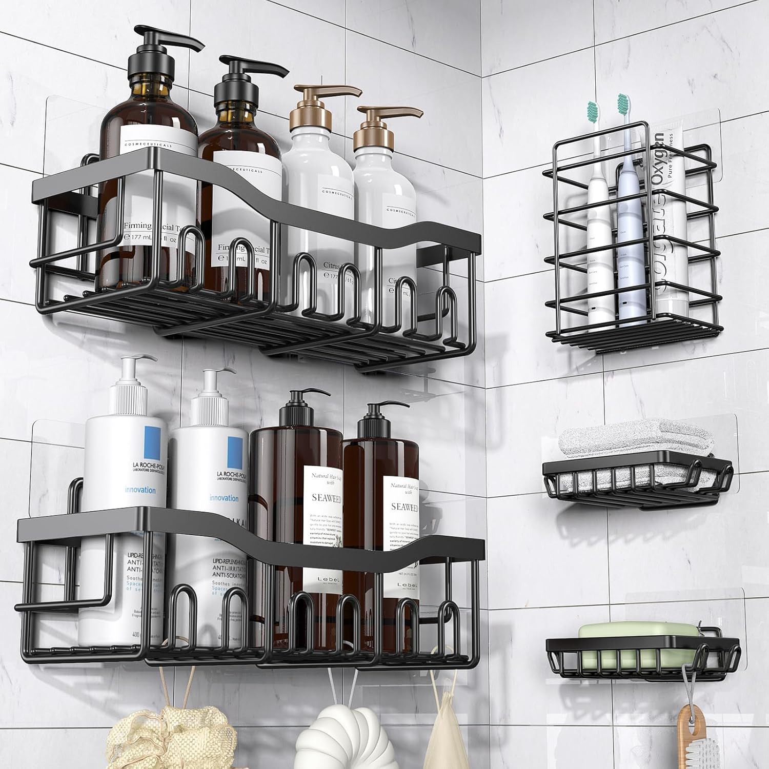 Self-adhesive bathroom organizer set in black with two shower caddies and holders