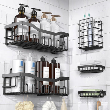 Self-adhesive bathroom organizer set in black with two shower caddies and holders